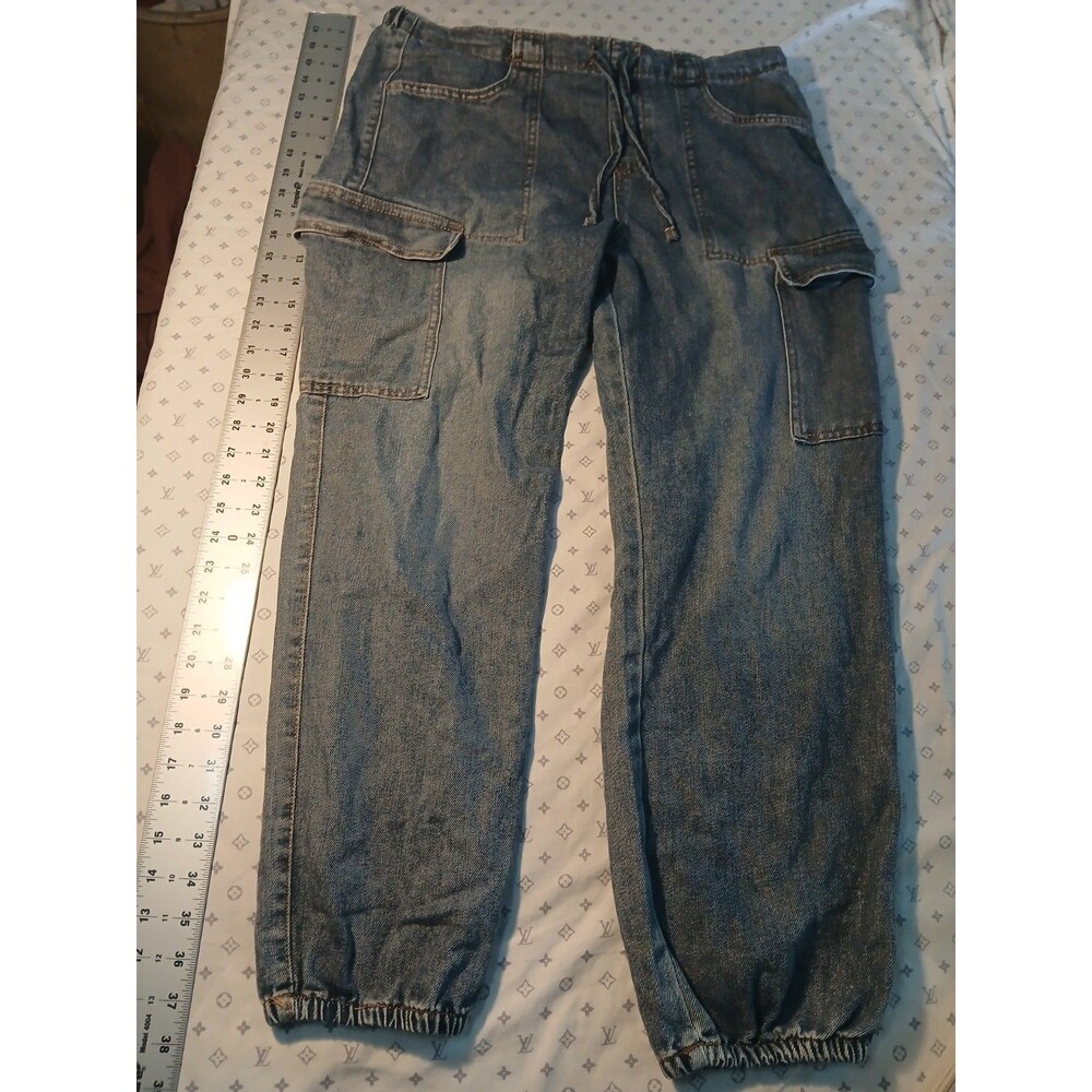 No Boundaries Womens Joggers Sz L Medium Wash Cargo Denim High Rise Utility